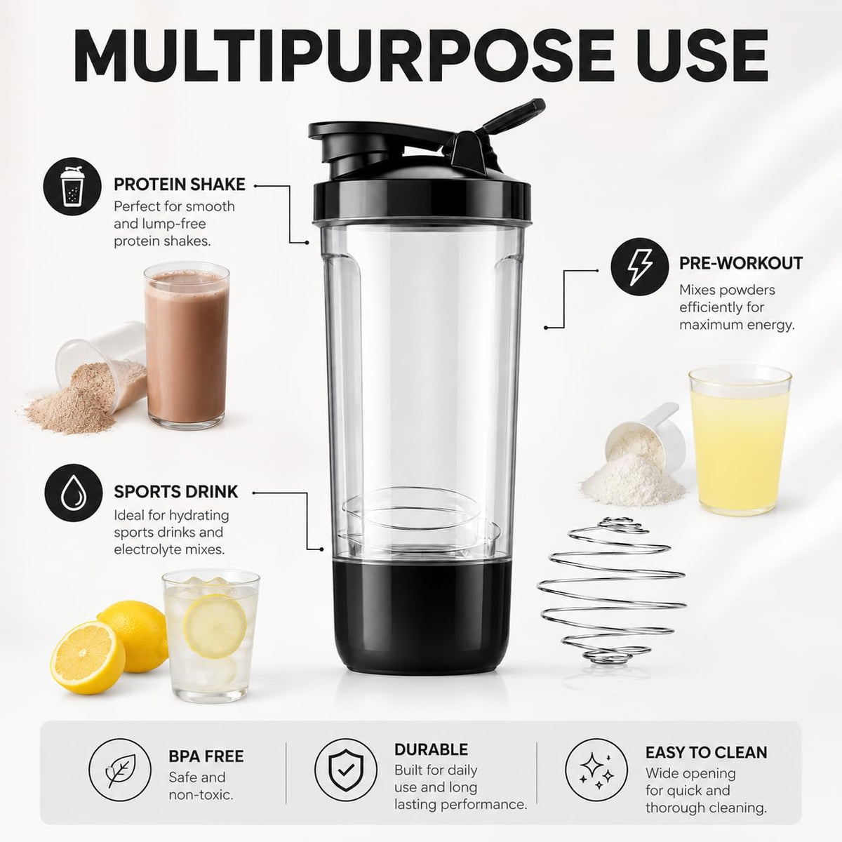 600ml Protein Shaker Bottle with Storage Compartment and Stainless Steel Blender