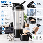 600ml Protein Shaker Bottle with Storage Compartment and Stainless Steel Blender
