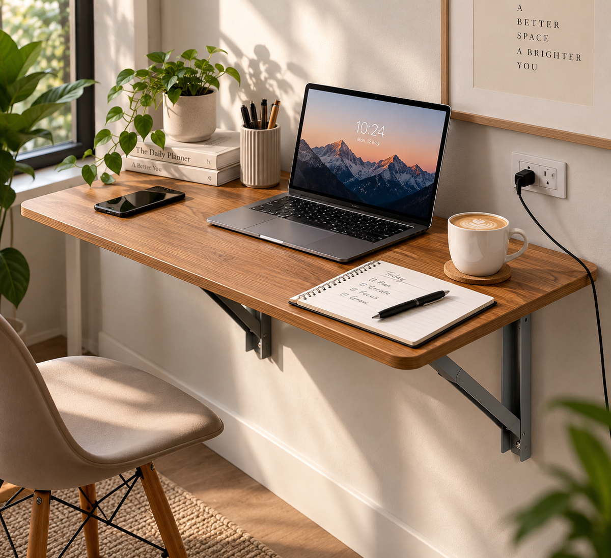 Wood Wall Mounted Round Corner Folding Study Laptop Table Foldable Space Saving Floating Desk for Home &amp; Office (MT-002 / Brown Oak / 80 × 40 cm)