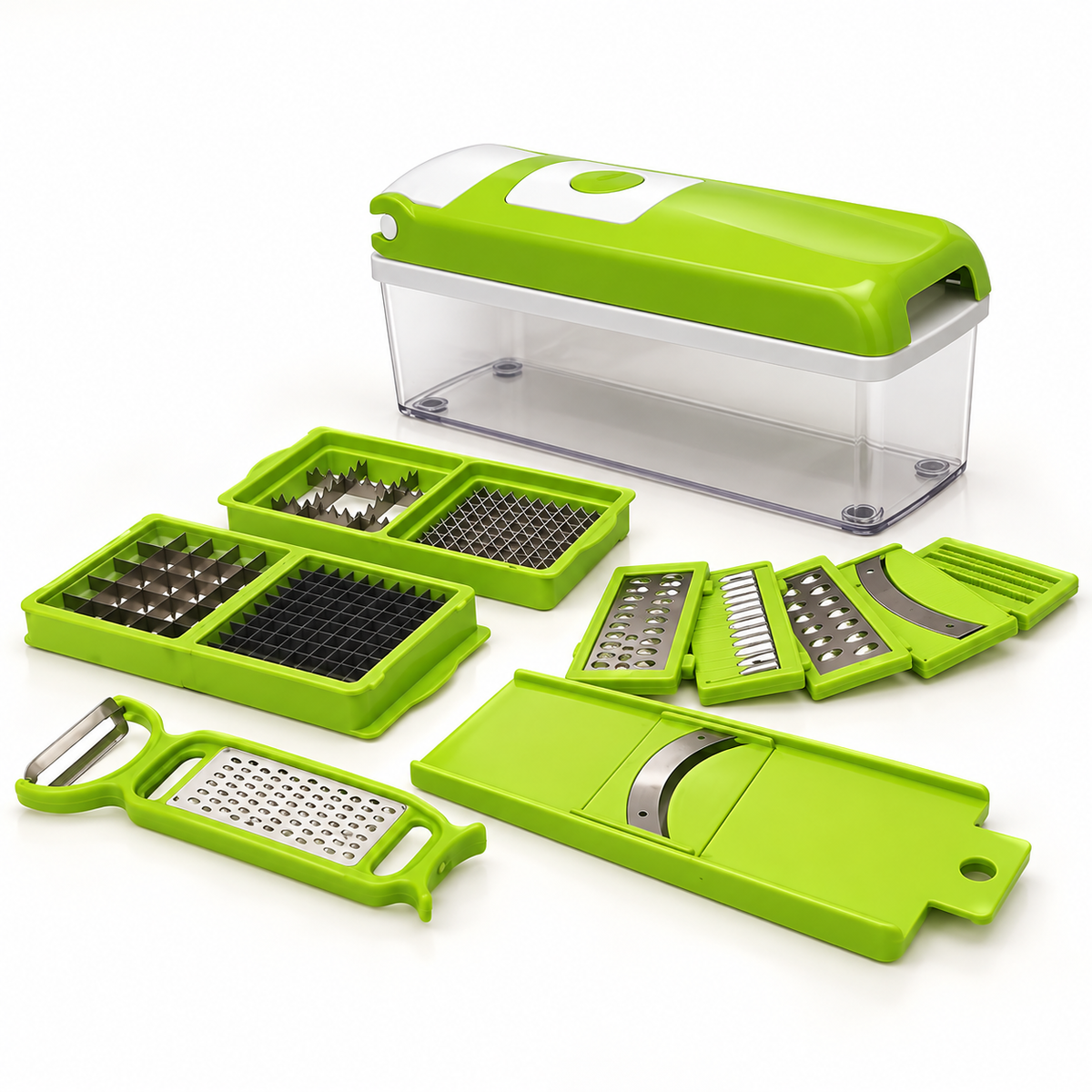 13-in-1 vegetable chopper with cutting attachments, green example; supplied colour varies
