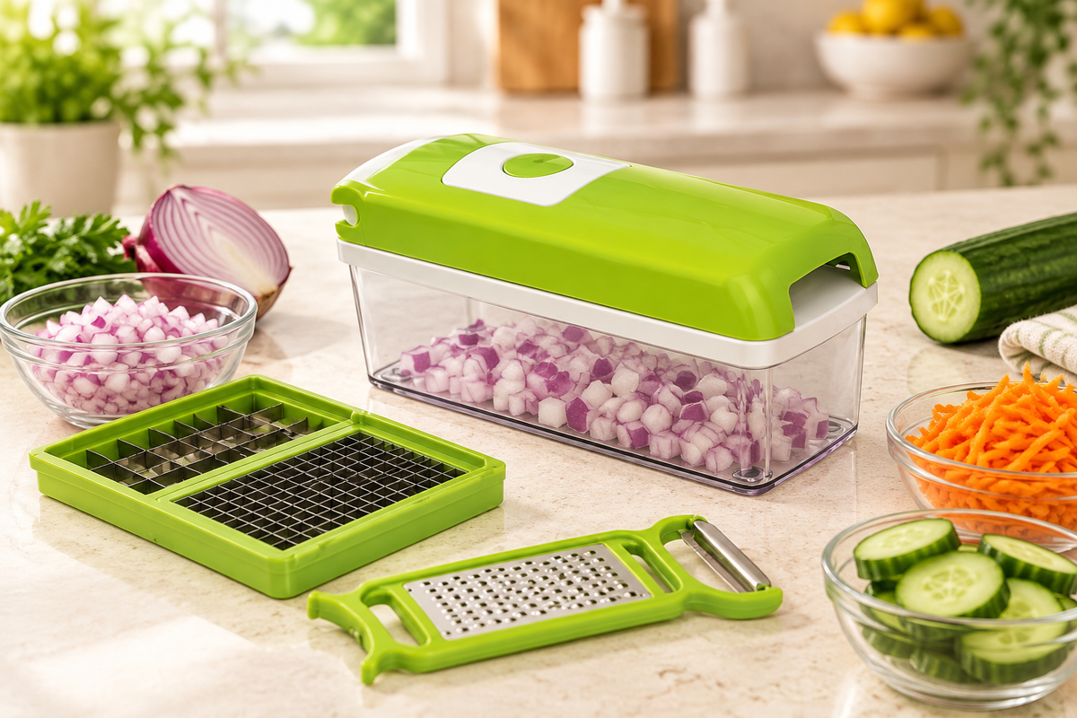 Vegetable chopper with prepared vegetables on a kitchen counter; styling props not included